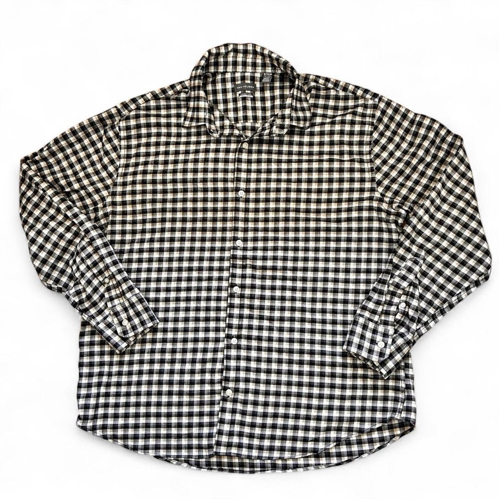 Van Heusen black, white and cream plaid flannel button-up shirt